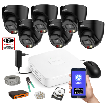 ZESTAW MONITORINGU IP Dahua 4MPx – 6 Kamer Kopułkowych Czarnych, Dysk 1TB, PoE, Zdalny Dostęp, Akcesoria