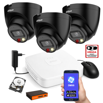 ZESTAW MONITORINGU IP Dahua 4MPx – 3 Kamery Kopułkowe Czarne, Dysk 1TB, PoE, Zdalny Dostęp