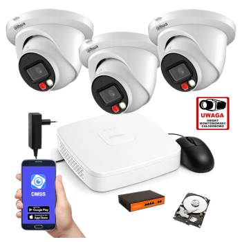 ZESTAW MONITORINGU IP Dahua 2MPx – 3 Kamery Kopułkowe, Dysk 1TB, PoE, Zdalny Dostęp