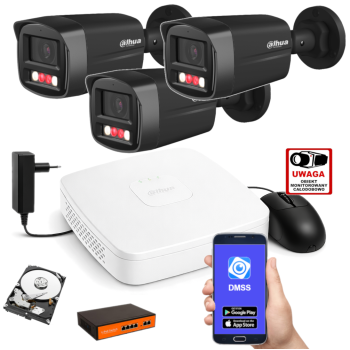 ZESTAW MONITORINGU IP Dahua 4MPx – 3 Kamery Tubowe Czarne, Dysk 1TB, PoE, Zdalny Dostęp
