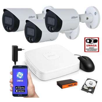 ZESTAW MONITORINGU IP Dahua 2MPx – 3 Kamery Tubowe, Dysk 1TB, PoE, Zdalny Dostęp