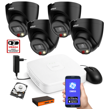 ZESTAW MONITORINGU IP Dahua 4MPx – 4 Kamery Kopułkowe Czarne, Dysk 1TB, PoE, Zdalny Dostęp