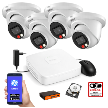 ZESTAW MONITORINGU IP Dahua 2MPx – 4 Kamery Kopułkowe, Dysk 1TB, PoE, Zdalny Dostęp