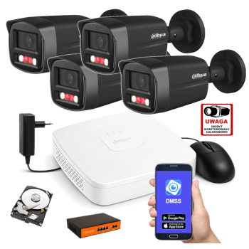 ZESTAW MONITORINGU IP Dahua 4MPx – 4 Kamery Tubowe Czarne, Dysk 1TB, PoE, Zdalny Dostęp