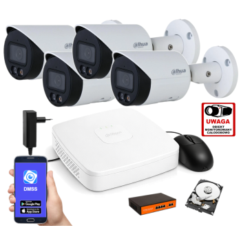 ZESTAW MONITORINGU IP Dahua 2MPx – 4 Kamery Tubowe, Dysk 1TB, PoE, Zdalny Dostęp