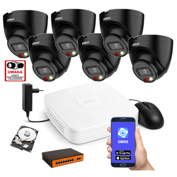 ZESTAW MONITORINGU IP Dahua 4MPx – 6 Kamer Kopułkowych Czarnych, Dysk 1TB, PoE, Zdalny Dostęp