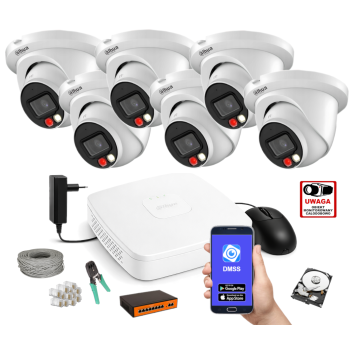 ZESTAW MONITORINGU IP Dahua 2MPx – 6 Kamer Kopułkowych, Dysk 1TB, PoE, Zdalny Dostęp, Akcesoria