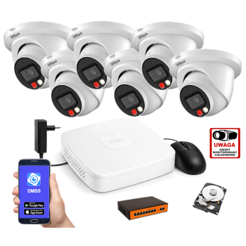 ZESTAW MONITORINGU IP Dahua 2MPx – 6 Kamer Kopułkowych, Dysk 1TB, PoE, Zdalny Dostęp