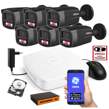 ZESTAW MONITORINGU IP Dahua 4MPx – 6 Kamer Tubowych Czarnych, Dysk 1TB, PoE, Zdalny Dostęp