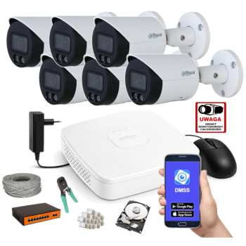 ZESTAW MONITORINGU IP Dahua 2MPx – 6 Kamer Tubowych, Dysk 1TB, PoE, Zdalny Dostęp, Akcesoria