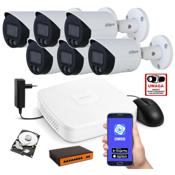ZESTAW MONITORINGU IP Dahua 2MPx – 6 Kamer Tubowych, Dysk 1TB, PoE, Zdalny Dostęp