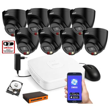 ZESTAW MONITORINGU IP Dahua 4MPx – 8 Kamer Kopułkowych Czarnych, Dysk 1TB, PoE, Zdalny Dostęp