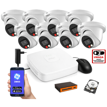 ZESTAW MONITORINGU IP Dahua 2MPx – 8 Kamer Kopułkowych, Dysk 1TB, PoE, Zdalny Dostęp