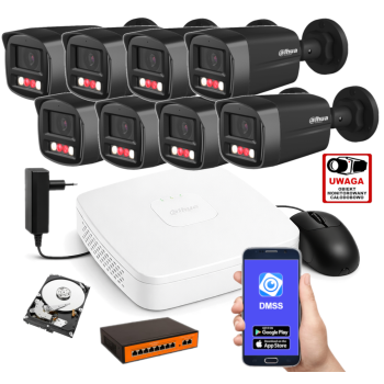 ZESTAW MONITORINGU IP Dahua 4MPx – 8 Kamer Tubowych Czarnych, Dysk 1TB, PoE, Zdalny Dostęp
