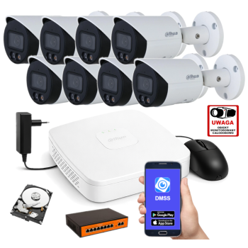 ZESTAW MONITORINGU IP Dahua 2MPx – 8 Kamer Tubowych, Dysk 1TB, PoE, Zdalny Dostęp