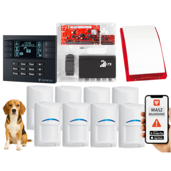 SYSTEM ALARMOWY GENEVO PRiMA64LTE BOX LCD GY-BK 8 CZUJEK BOSCH PET SP-4001R 7Ah