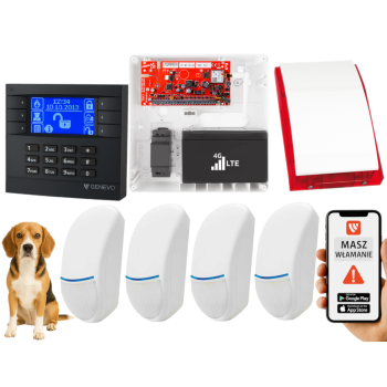 SYSTEM ALARMOWY GENEVO PRiMA64LTE BOX LCD GY-BL 4 CZUJKI BINGO PLUS SP-4001R 7Ah