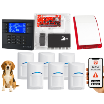 SYSTEM ALARMOWY GENEVO PRiMA64LTE BOX LCD GY-BL 6 CZUJEK BOSCH PET SP-4001R 7Ah