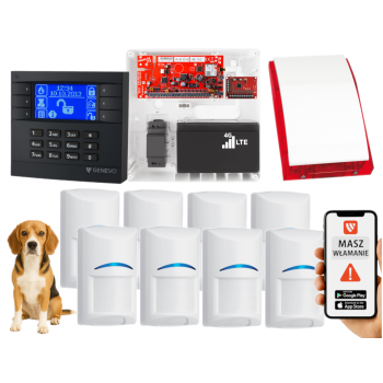 SYSTEM ALARMOWY GENEVO PRiMA64LTE BOX LCD GY-BL 8 CZUJEK BOSCH PET SP-4001R 7Ah