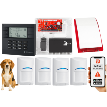 SYSTEM ALARMOWY GENEVO PRiMA64LTE BOX LCD GY-WH 4 CZUJKI BOSCH PET SP-4001R 7Ah
