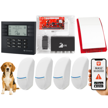 SYSTEM ALARMOWY GENEVO PRiMA64LTE BOX LCD GY-WH 4 CZUJKI BINGO PLUS SP-4001R 7Ah