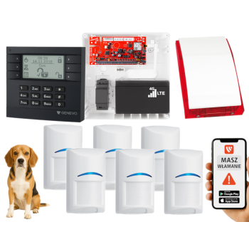 SYSTEM ALARMOWY GENEVO PRiMA64LTE BOX LCD GY-WH 6 CZUJEK BOSCH PET SP-4001R 7Ah