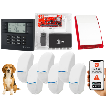SYSTEM ALARMOWY GENEVO PRiMA64LTE BOX LCD GY-WH 6 CZUJEK BINGO PLUS SP-4001R 7Ah