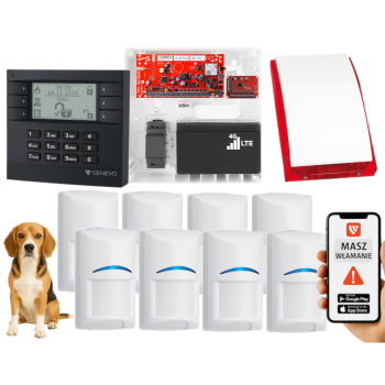 SYSTEM ALARMOWY GENEVO PRiMA64LTE BOX LCD GY-WH 8 CZUJEK BOSCH PET SP-4001R 7Ah