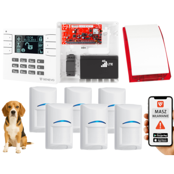 SYSTEM ALARMOWY GENEVO PRiMA64LTE BOX LCD WH-BK 6 CZUJEK BOSCH PET SP-4001R 7Ah