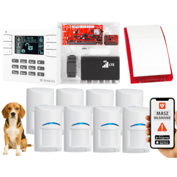 SYSTEM ALARMOWY GENEVO PRiMA64LTE BOX LCD WH-BK 8 CZUJEK BOSCH PET SP-4001R 7Ah
