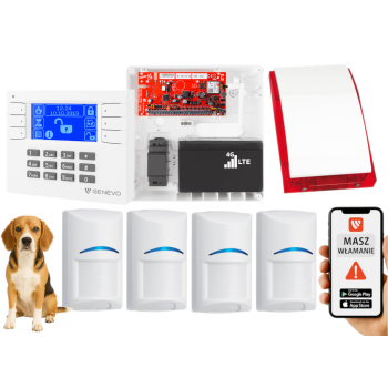 SYSTEM ALARMOWY GENEVO PRiMA64LTE BOX LCD WH-BL 4 CZUJKI BOSCH PET SP-4001R 7Ah