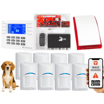 SYSTEM ALARMOWY GENEVO PRiMA64LTE BOX LCD WH-BL 8 CZUJEK BOSCH PET SP-4001R 7Ah