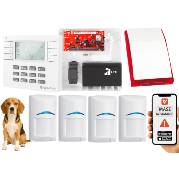 SYSTEM ALARMOWY GENEVO PRiMA64LTE BOX LCD WH-WH 4 CZUJKI BOSCH PET SP-4001R 7Ah
