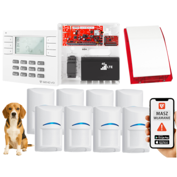SYSTEM ALARMOWY GENEVO PRiMA64LTE BOX LCD WH-WH 8 CZUJEK BOSCH PET SP-4001R 7Ah