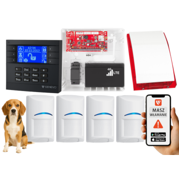 SYSTEM ALARMOWY GENEVO PRiMA64LTE WL BOX LCD GY-BL 4 CZUJKI BOSCH PET SP-4001R 7Ah