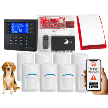 SYSTEM ALARMOWY GENEVO PRiMA64LTE WL BOX LCD GY-BL 8 CZUJEK BOSCH PET SP-4001R 7Ah