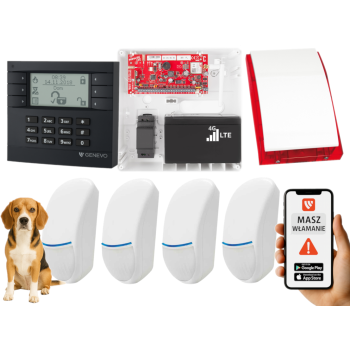 SYSTEM ALARMOWY GENEVO PRiMA64LTE WL BOX LCD GY-WH 4 CZUJKI Bingo Plus SP-4001R 7Ah