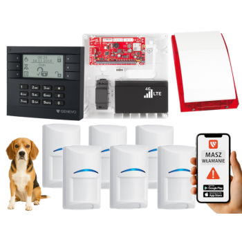 SYSTEM ALARMOWY GENEVO PRiMA64LTE WL BOX LCD GY-WH 6 CZUJEK BOSCH PET SP-4001R 7Ah