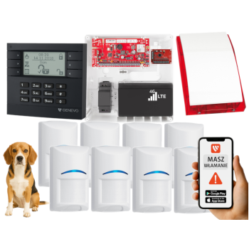 SYSTEM ALARMOWY GENEVO PRiMA64LTE WL BOX LCD GY-WH 8 CZUJEK BOSCH PET SP-4001R 7Ah