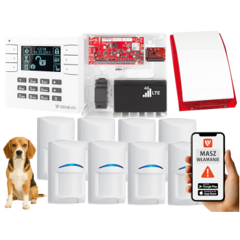 SYSTEM ALARMOWY GENEVO PRiMA64LTE WL BOX LCD WH-BK 8 CZUJEK BOSCH PET SP-4001R 7Ah