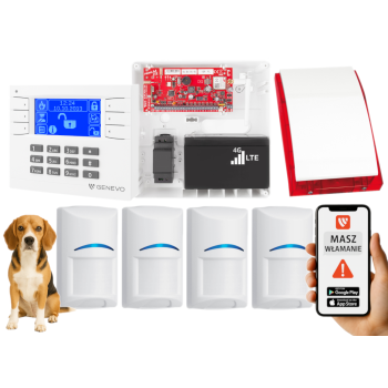 SYSTEM ALARMOWY GENEVO PRiMA64LTE WL BOX LCD WH-BL 4 CZUJKI BOSCH PET SP-4001R 7Ah