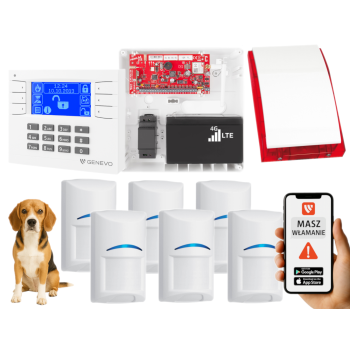 SYSTEM ALARMOWY GENEVO PRiMA64LTE WL BOX LCD WH-BL 6 CZUJEK BOSCH PET SP-4001R 7Ah