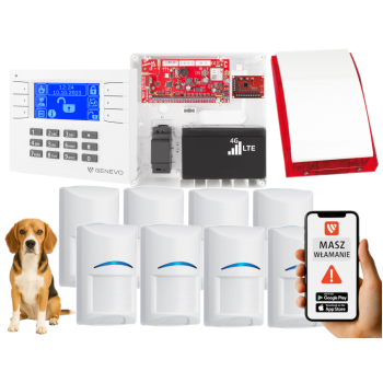 SYSTEM ALARMOWY GENEVO PRiMA64LTE WL BOX LCD WH-BL 8 CZUJEK BOSCH PET SP-4001R 7Ah