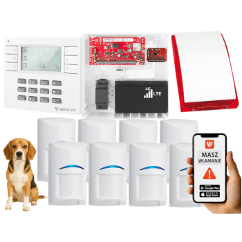 SYSTEM ALARMOWY GENEVO PRiMA64LTE WL BOX LCD WH-WH 8 CZUJEK BOSCH PET SP-4001R 7Ah