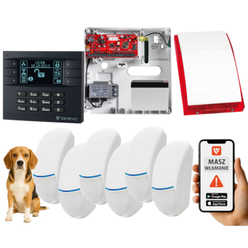 SYSTEM ALARMOWY GENEVO PRiMA64Q LCD GY-BK 6 CZUJEK BINGO PLUS SP-4001R 7Ah