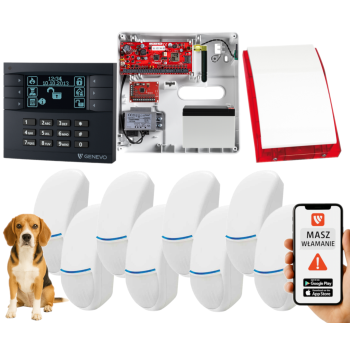 SYSTEM ALARMOWY GENEVO PRiMA64Q LCD GY-BK 8 CZUJEK BINGO PLUS SP-4001R 7Ah