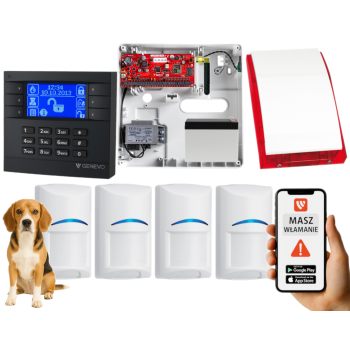 SYSTEM ALARMOWY GENEVO PRiMA64Q LCD GY-BL 4 CZUJKI BOSCH PET SP-4001R 7Ah