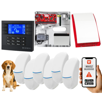 SYSTEM ALARMOWY GENEVO PRiMA64Q LCD GY-BL 6 CZUJEK BINGO PLUS SP-4001R 7Ah