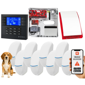 SYSTEM ALARMOWY GENEVO PRiMA64Q LCD GY-BL 8 CZUJEK BINGO PLUS SP-4001R 7Ah