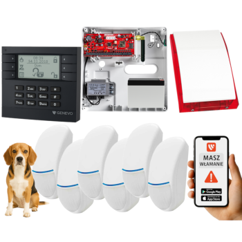 SYSTEM ALARMOWY GENEVO PRiMA64Q LCD GY-WH 6 CZUJEK BINGO PLUS SP-4001R 7Ah